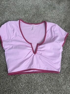 Light Pink V-Notch Crop Top with Dark Pink Trim - Women